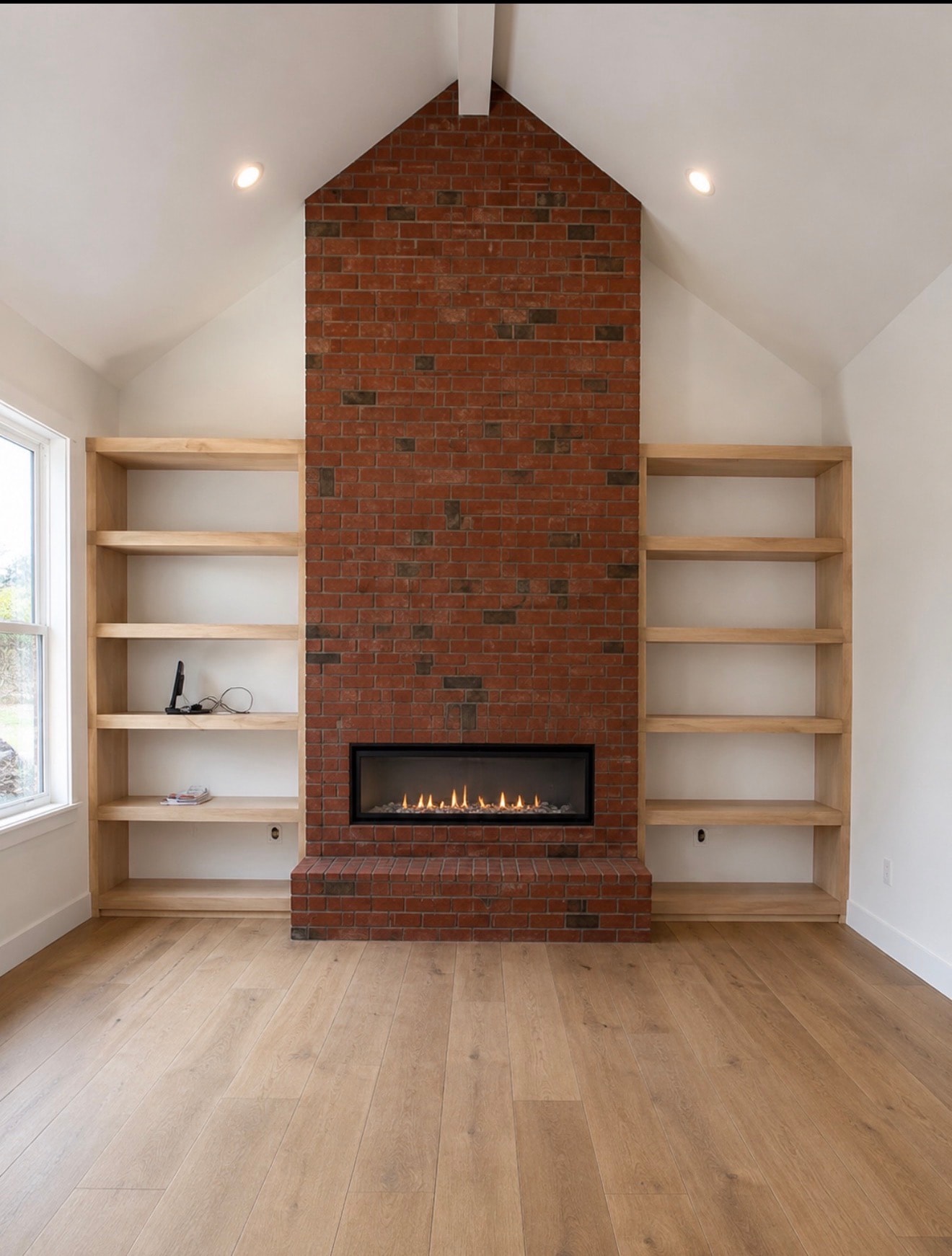 Brick fireplace with wooden shelving